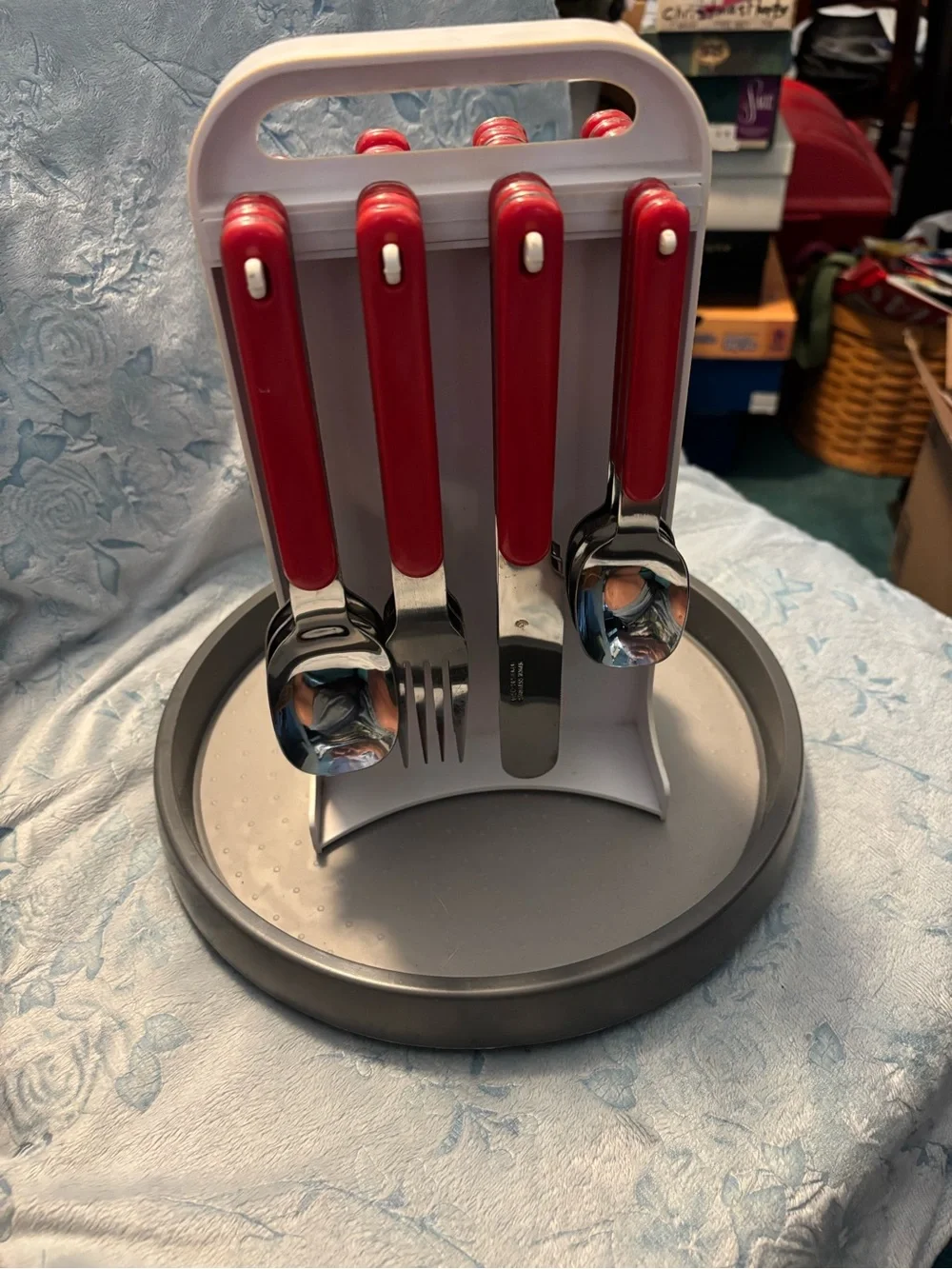 Red Handle Cutlery Set with White Stand - Home Dining-Vintage